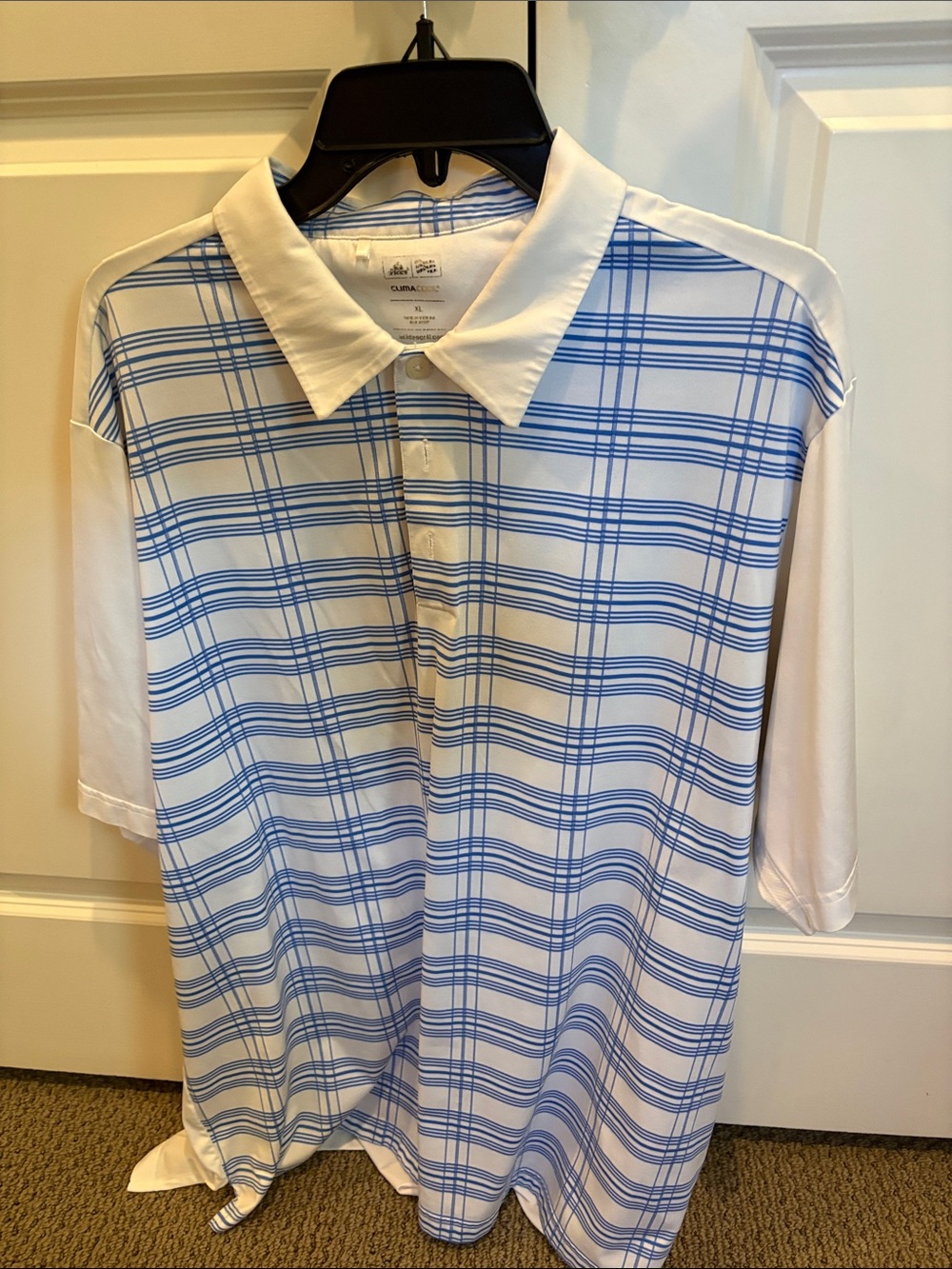Men's White & Blue Plaid Polo ADIDAS Shirt